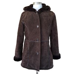 Wilson's Leather Brown Penny Lane Coat Suede Faux Shearling Lined Medium Hooded